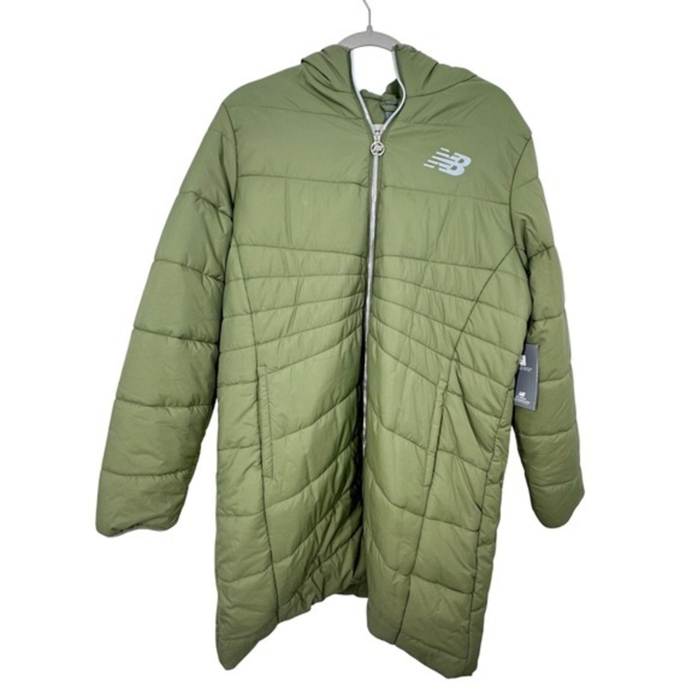 New Balance Women Puffer Jacket Forest Green Hooded Water Wind Resistant XL